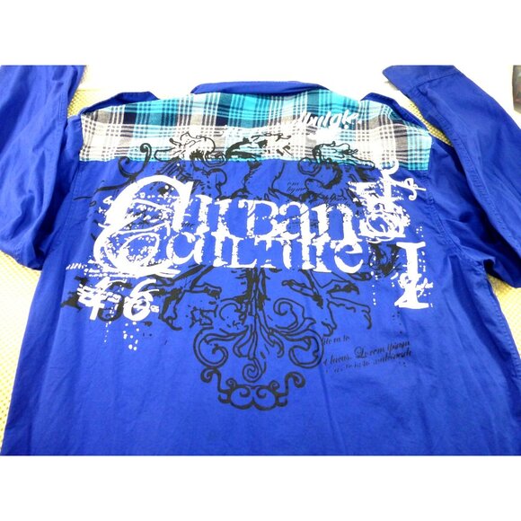 Tool Jeans Mens 4XL Blue Plaid Patchwork Long Sleeve Shirt With Graffiti Print - Picture 12 of 12